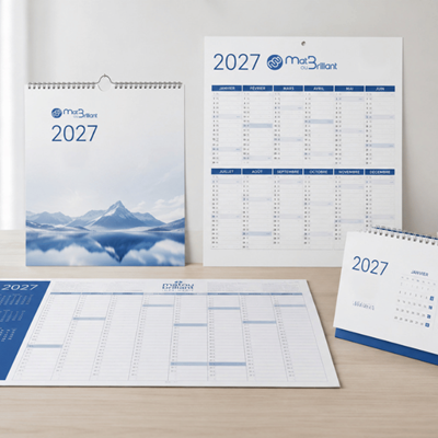 Impression de calendriers personnalisés 2027 : chevalet, mural, contrecollé et souple